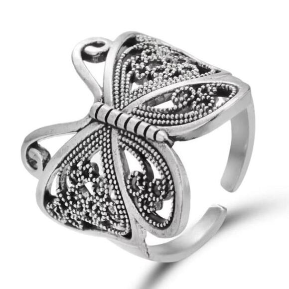 Butterfly Ring Retro Boho Silver Adjustable Band Size 6-10 Vintage Style - Picture 4 of 5